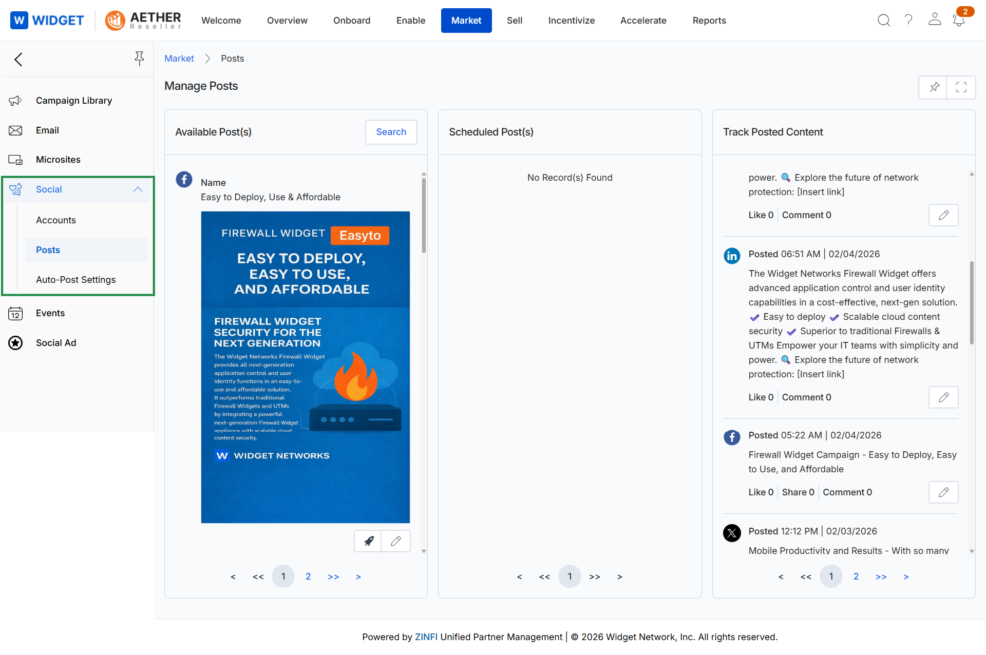 Manage Posts screen with Social menu expanded