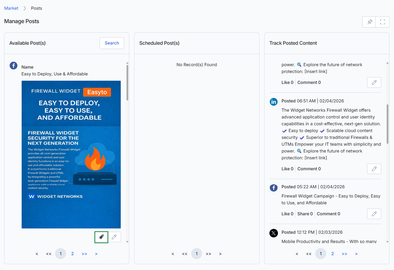Manage Posts screen with Quick Post icon highlighted