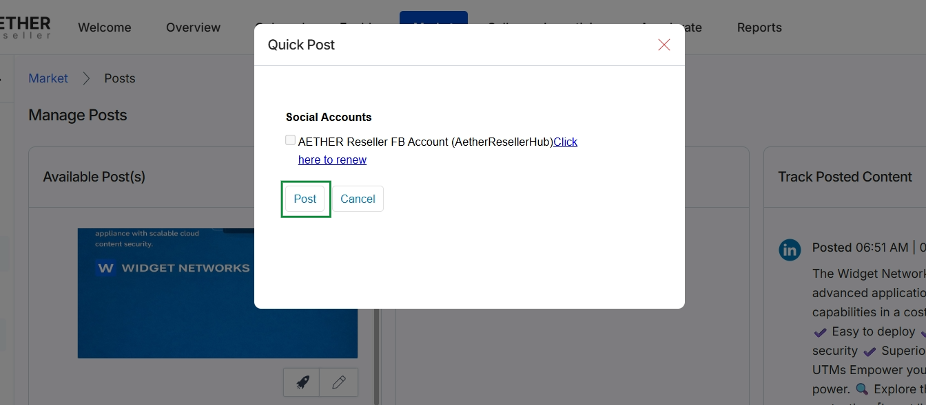 Quick Post social account selection dialog