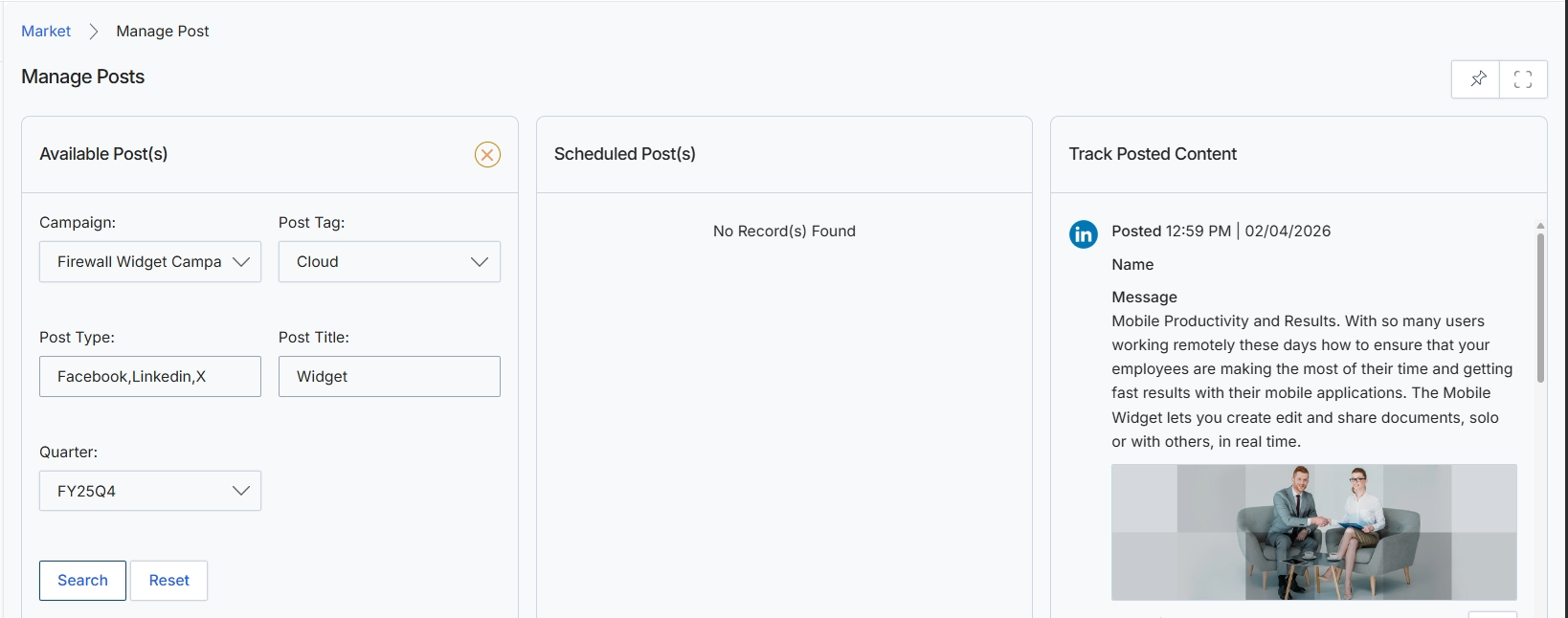 Manage Posts screen with content details