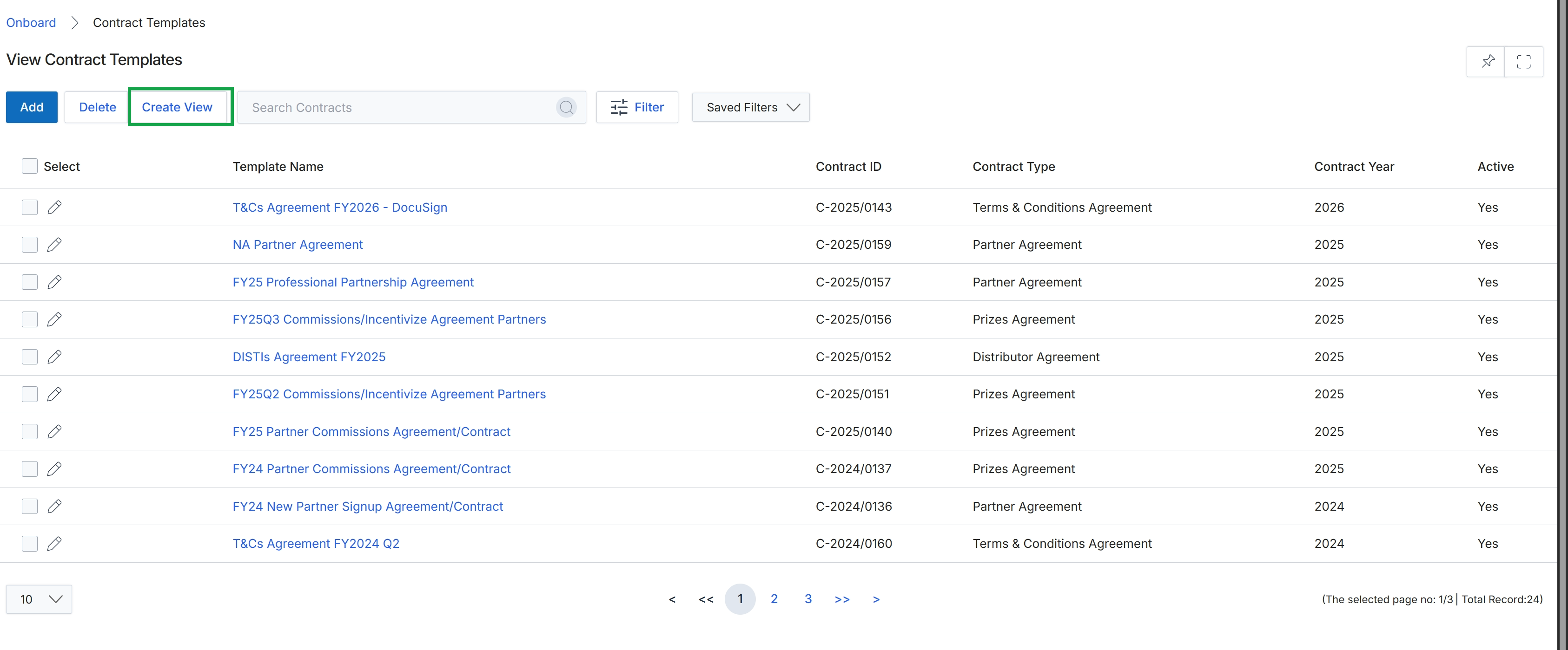 Contract Templates list view