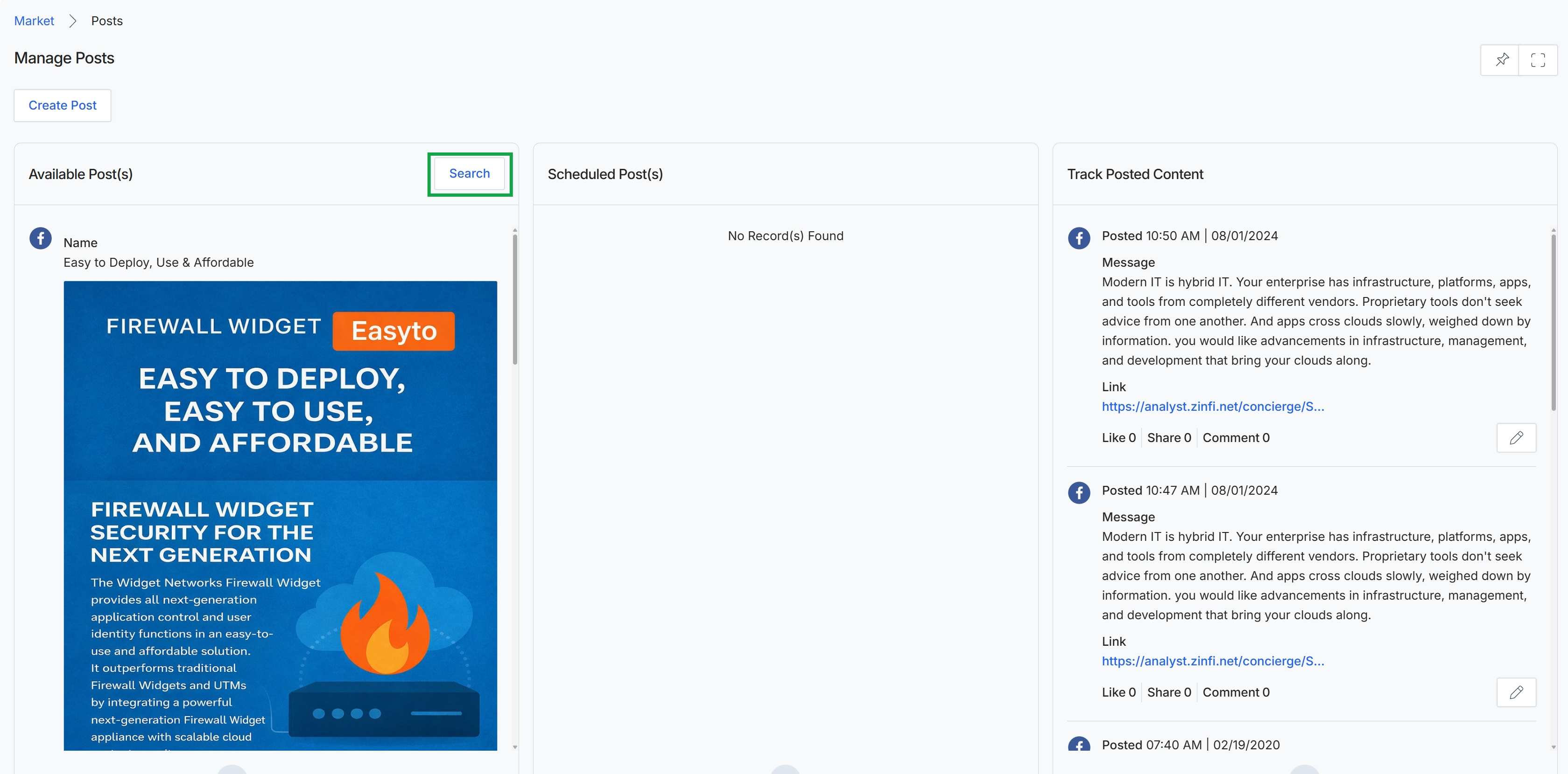 Manage Posts page with Search button highlighted
