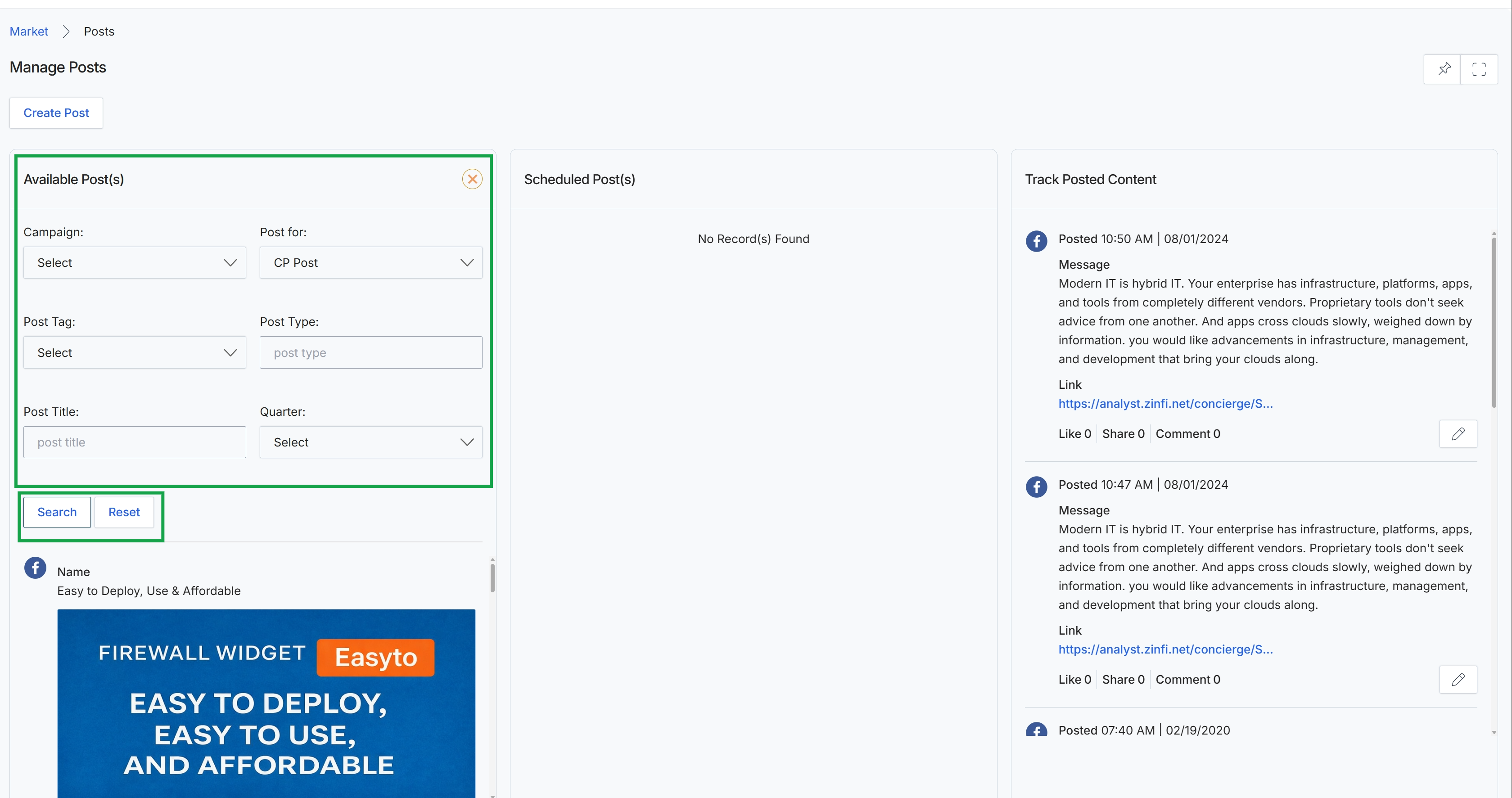 Manage Posts screen with search filters