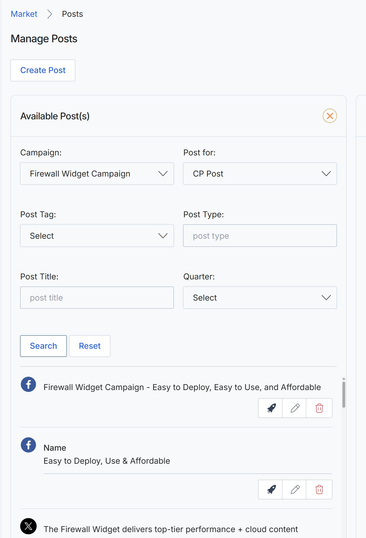 Manage Posts page with search results