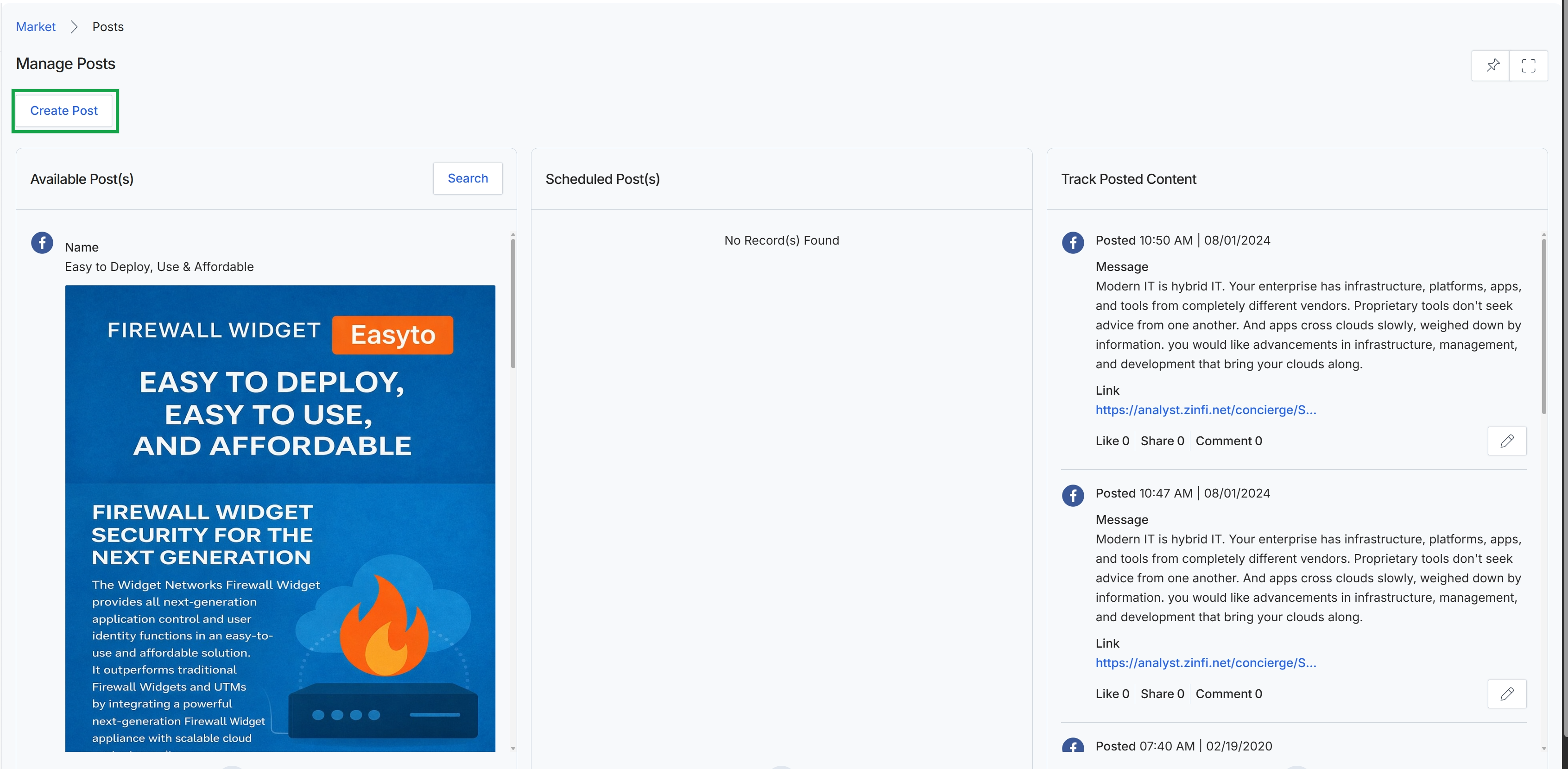 Manage Posts screen with Create Post button