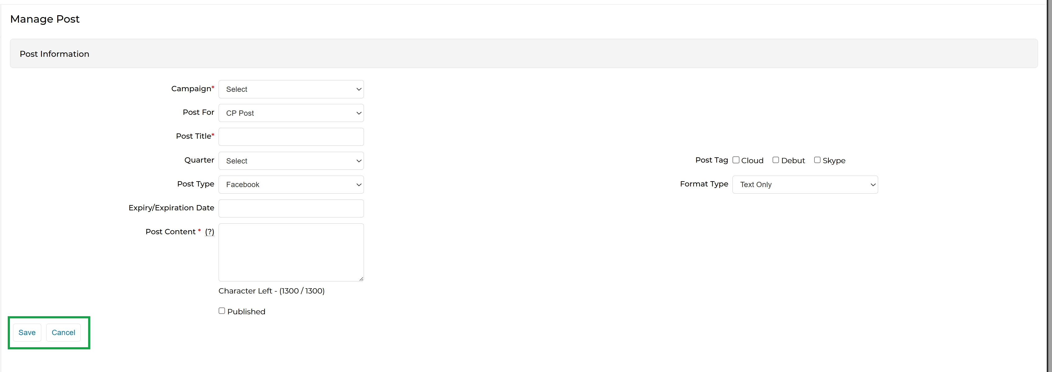 Social post management form
