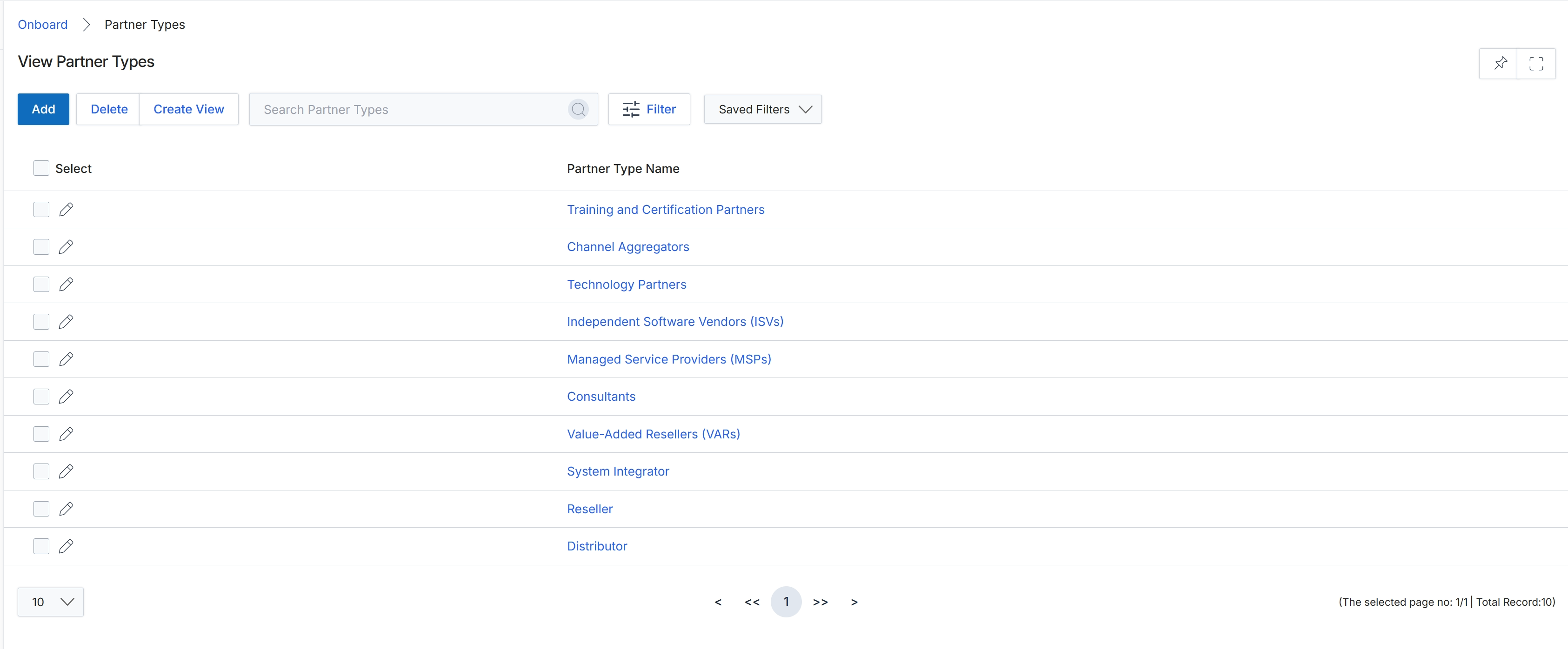 Partner Types list view