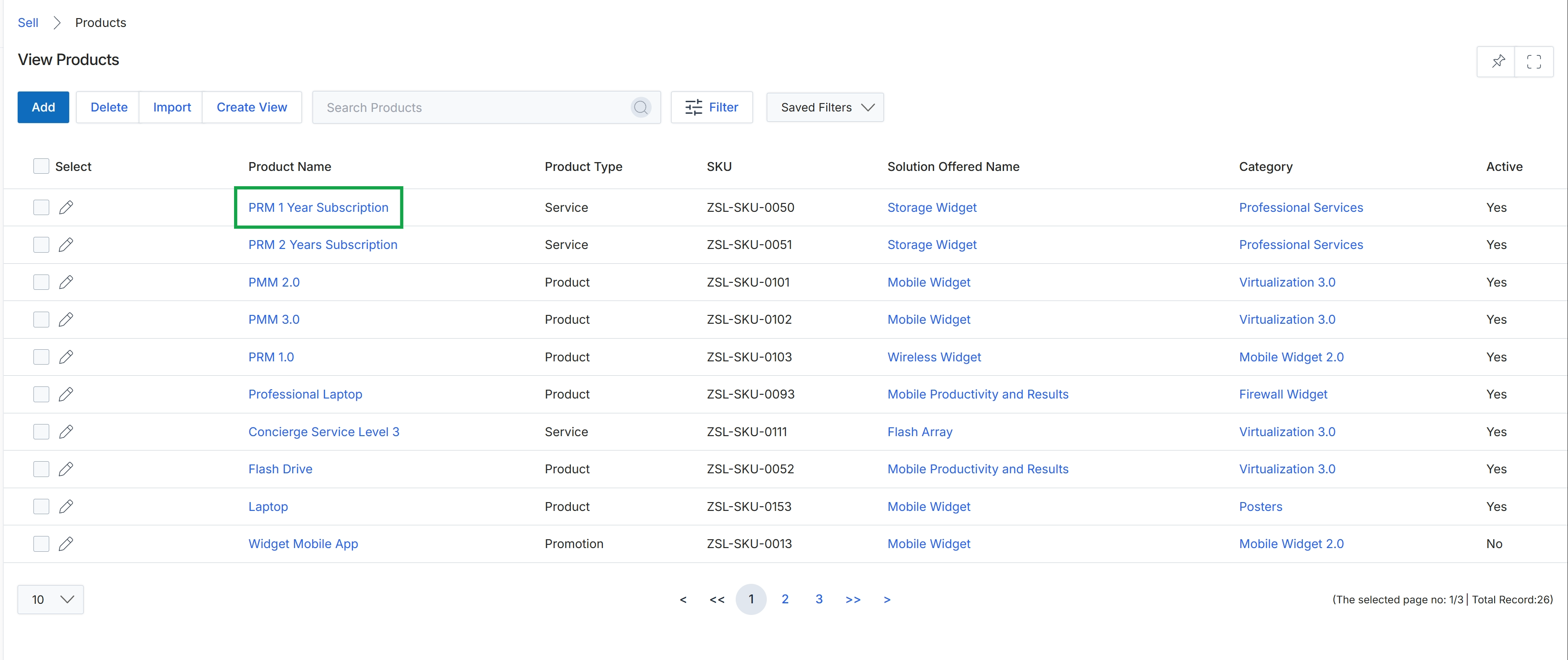 View Products list with product name highlighted