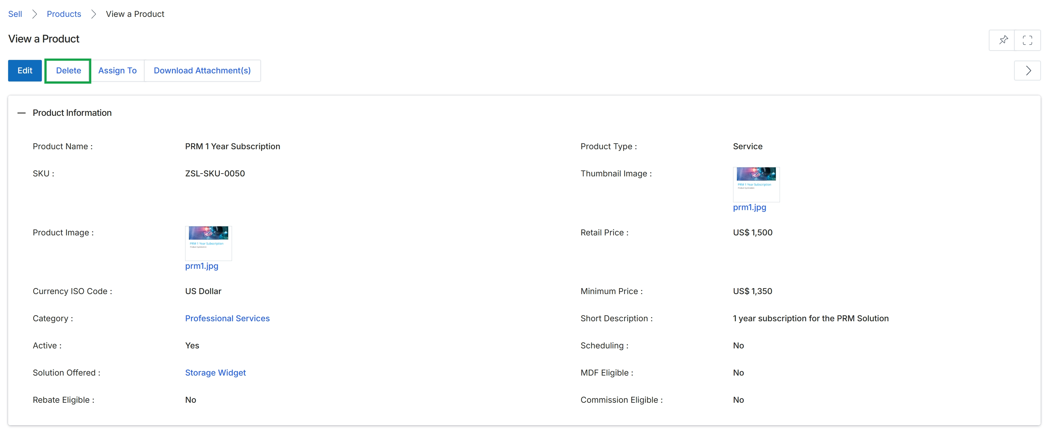 Product details view with Delete button highlighted