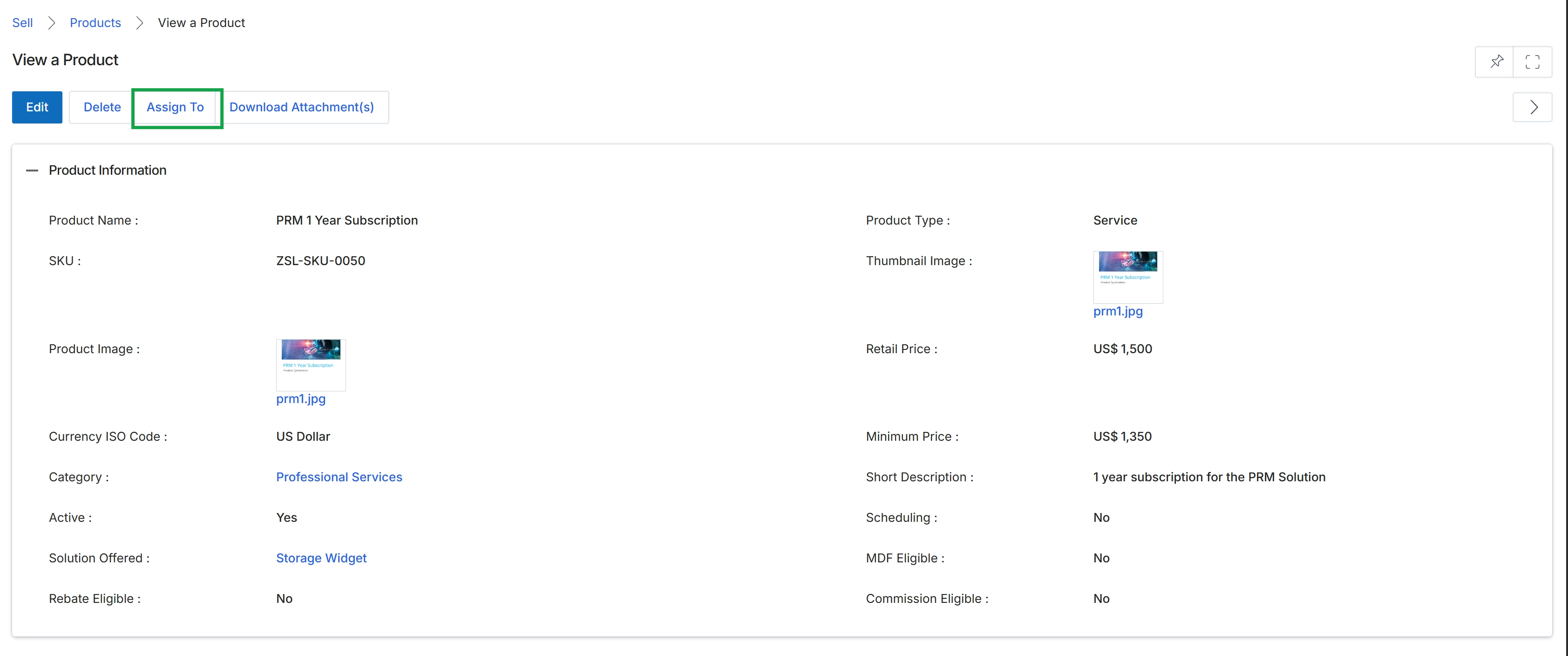 View a Product page with Assign To button highlighted