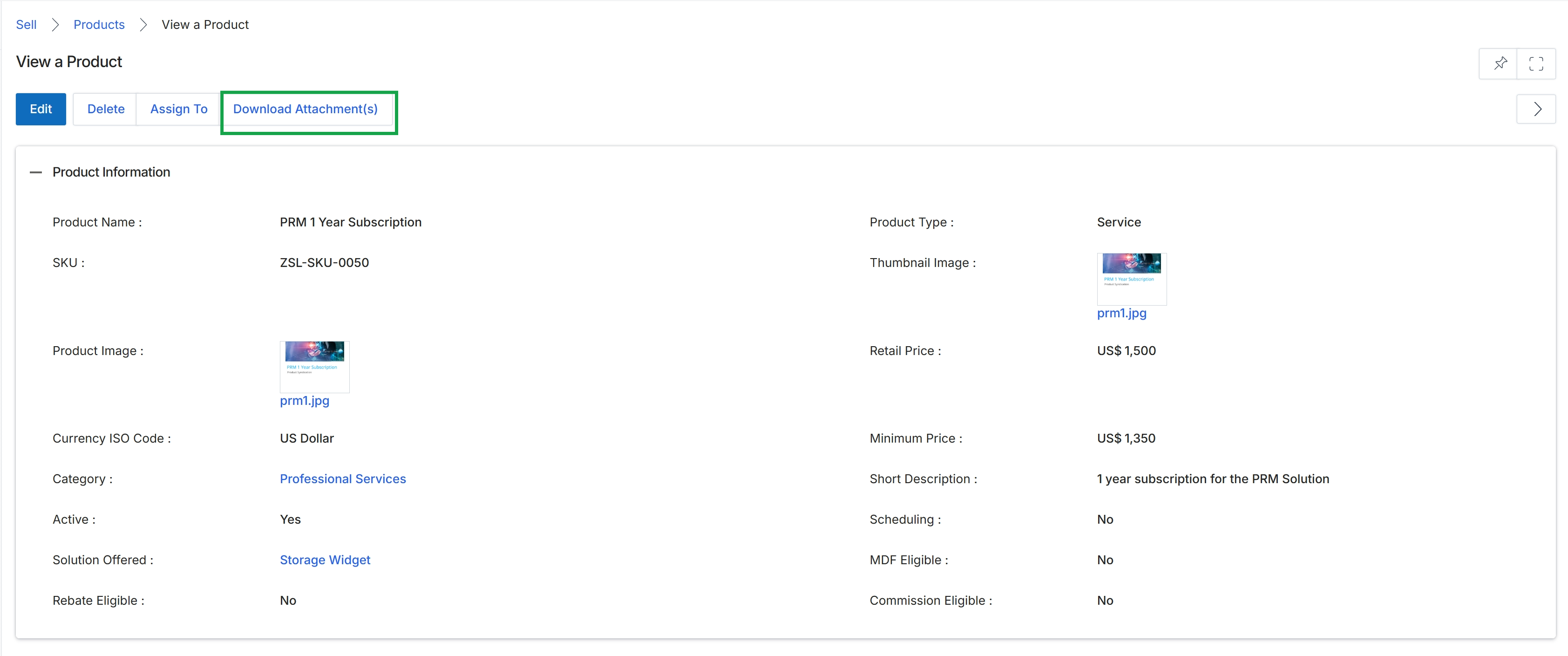 View a Product page with Download Attachment(s) button highlighted