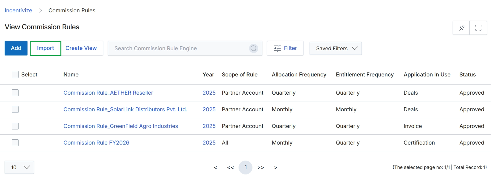 Commission Rules list view with Import button highlighted