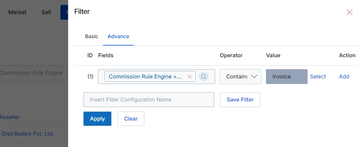 Advanced filter dialog for Commission Rules