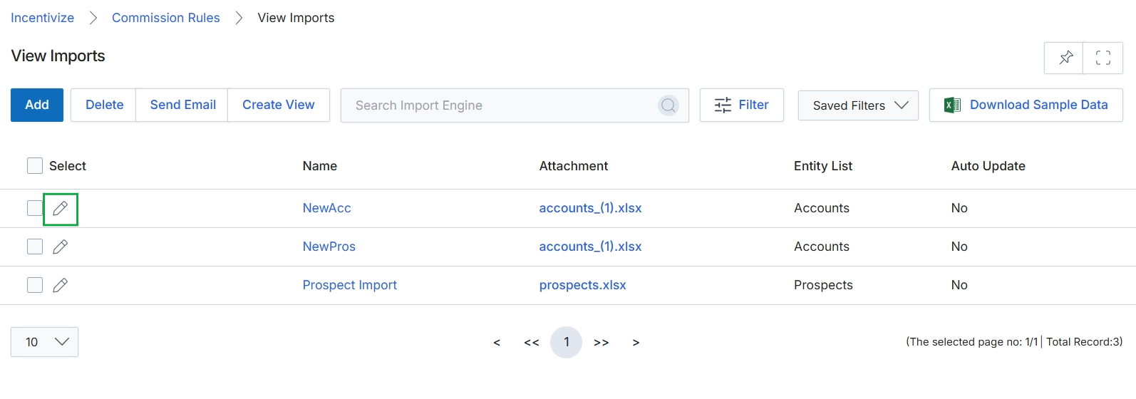 View Imports screen