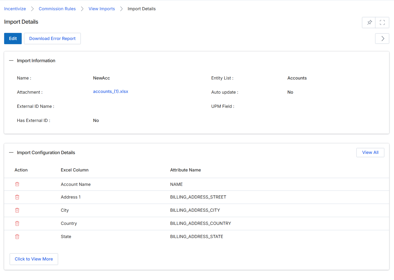 Import Details view