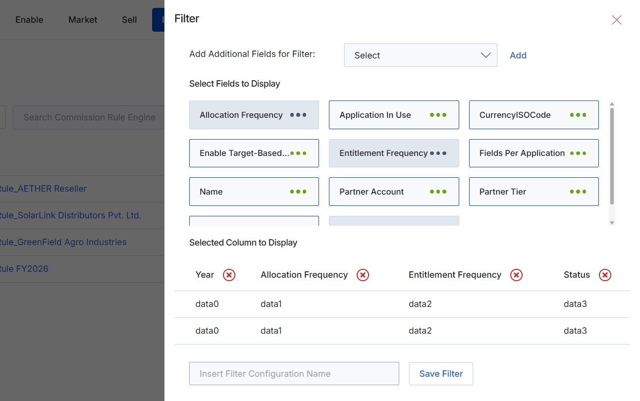 Filter configuration dialog for Commission Rules