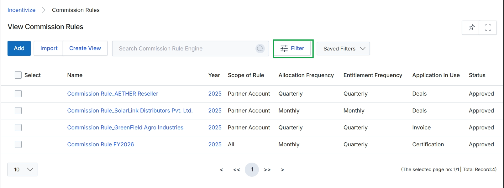 View Commission Rules page with Filter button highlighted