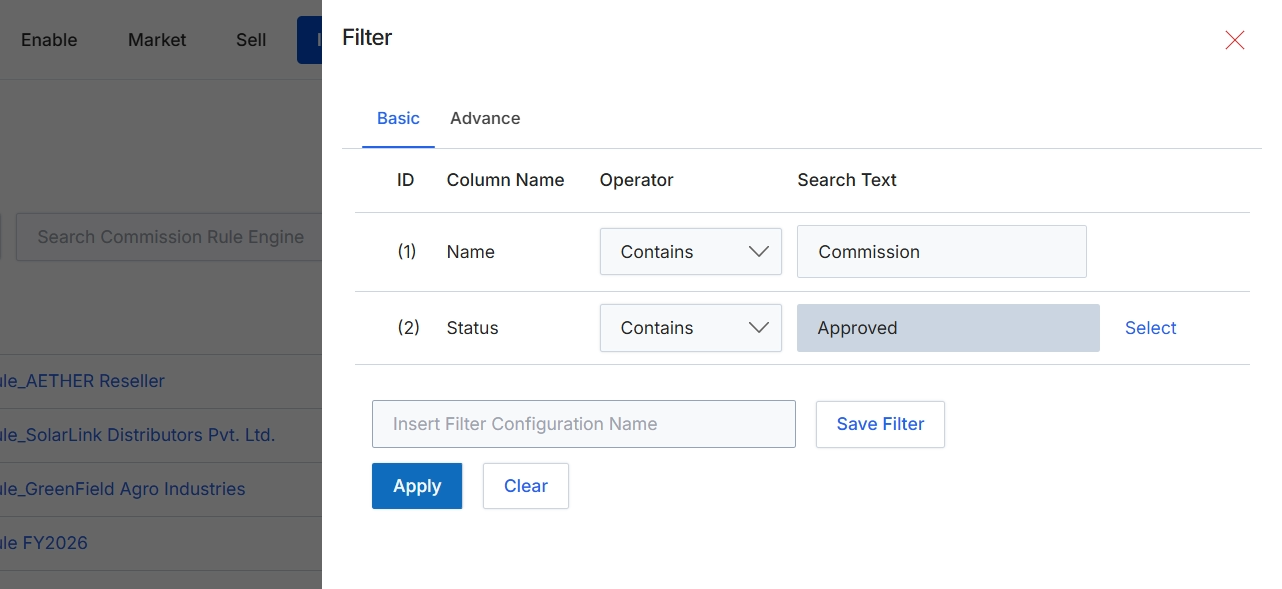 Filter dialog for Commission Rules