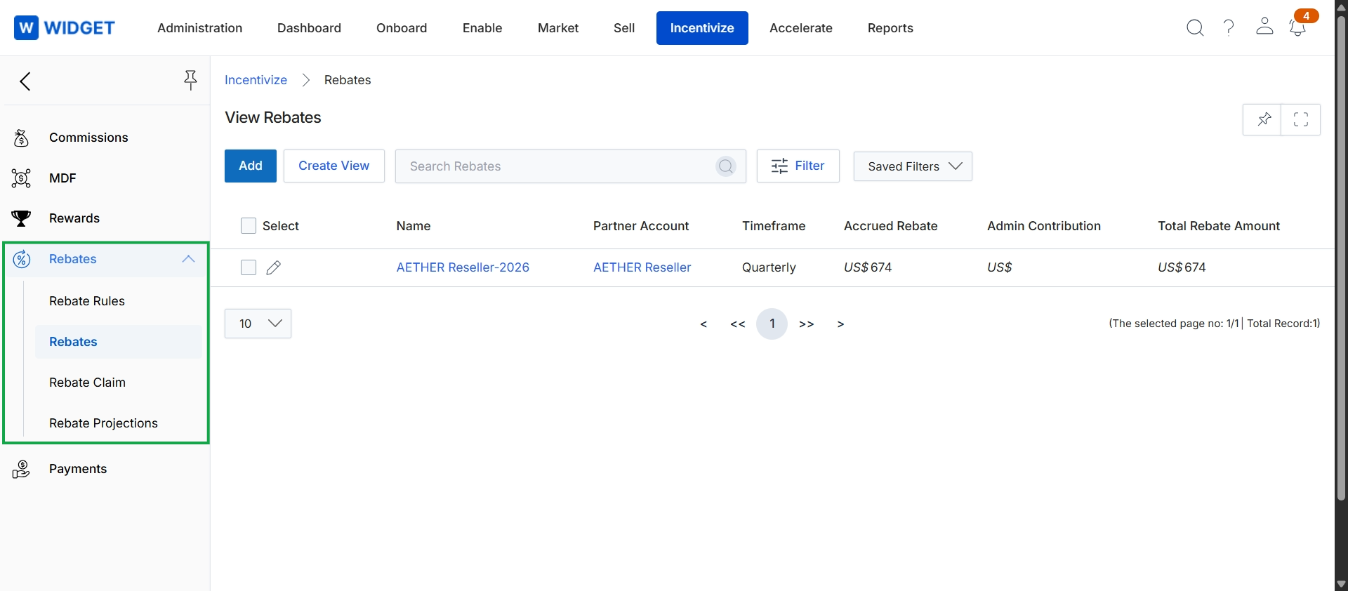 Rebates list view
