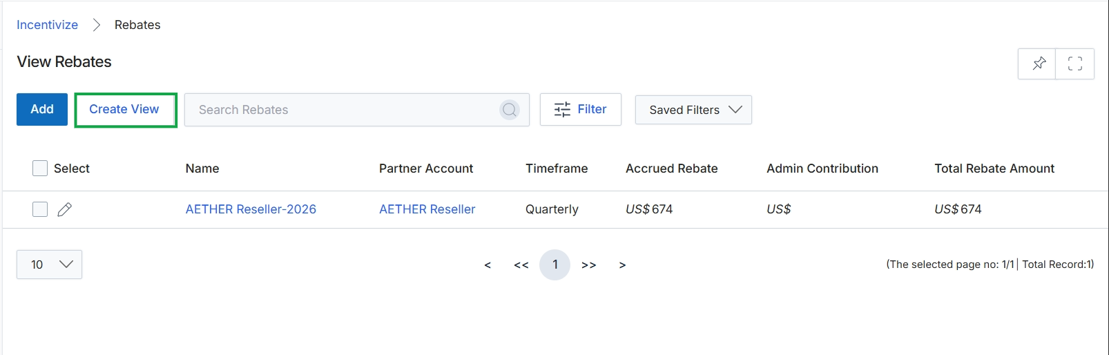 View Rebates list page