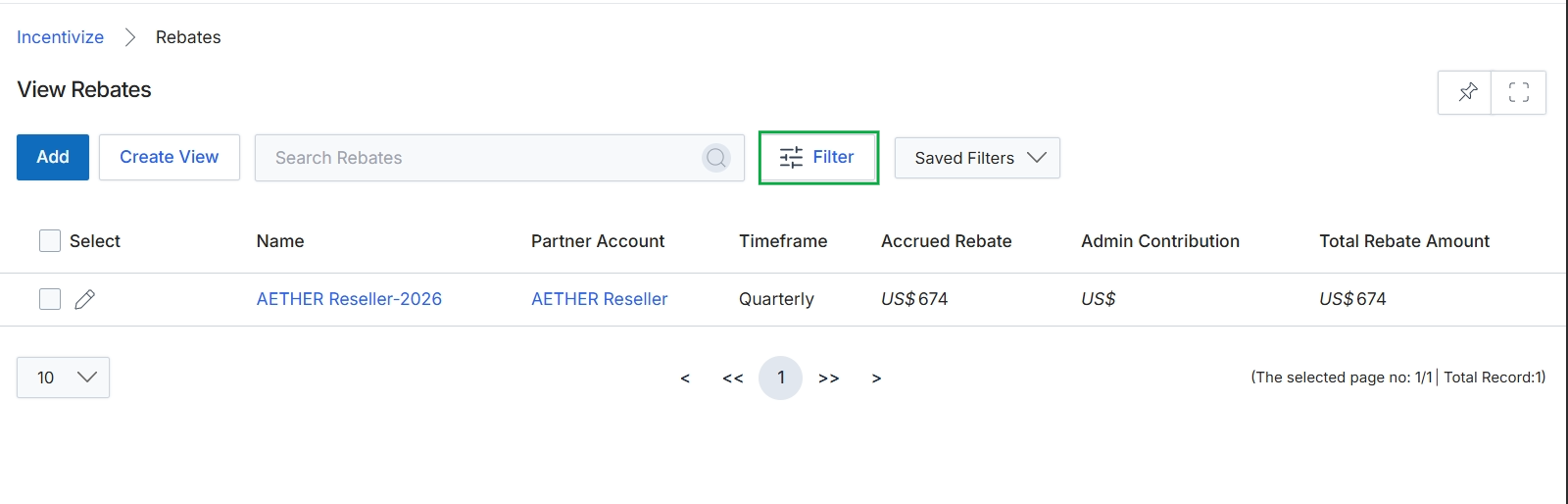 Rebates list view with filter button highlighted