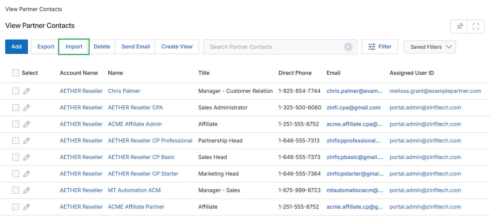 Partner Contacts list view with Import button highlighted