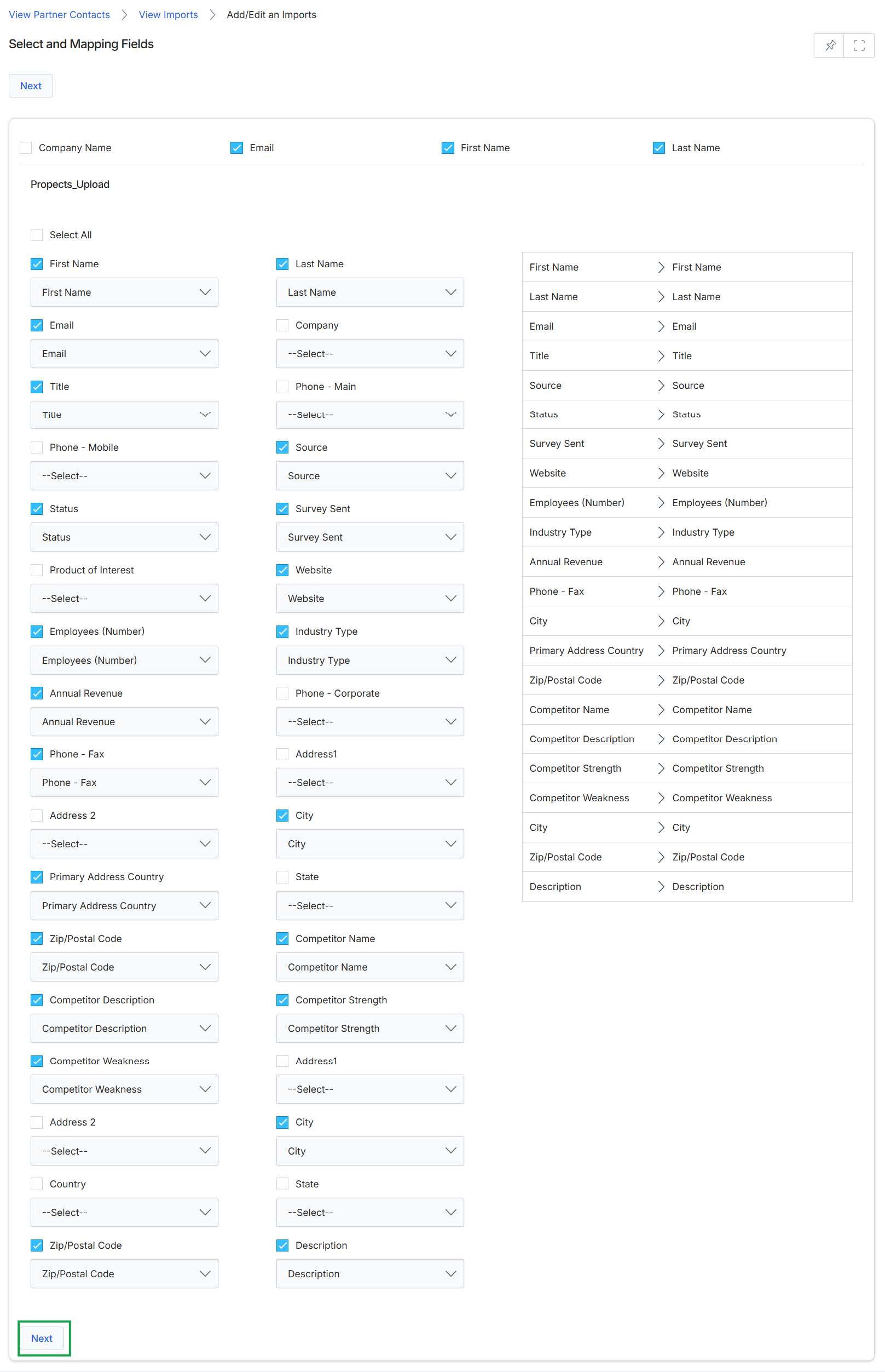 Prospect data import field mapping
