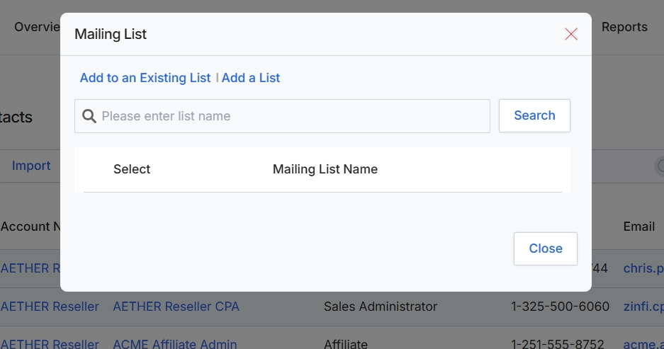 Mailing list selection dialog