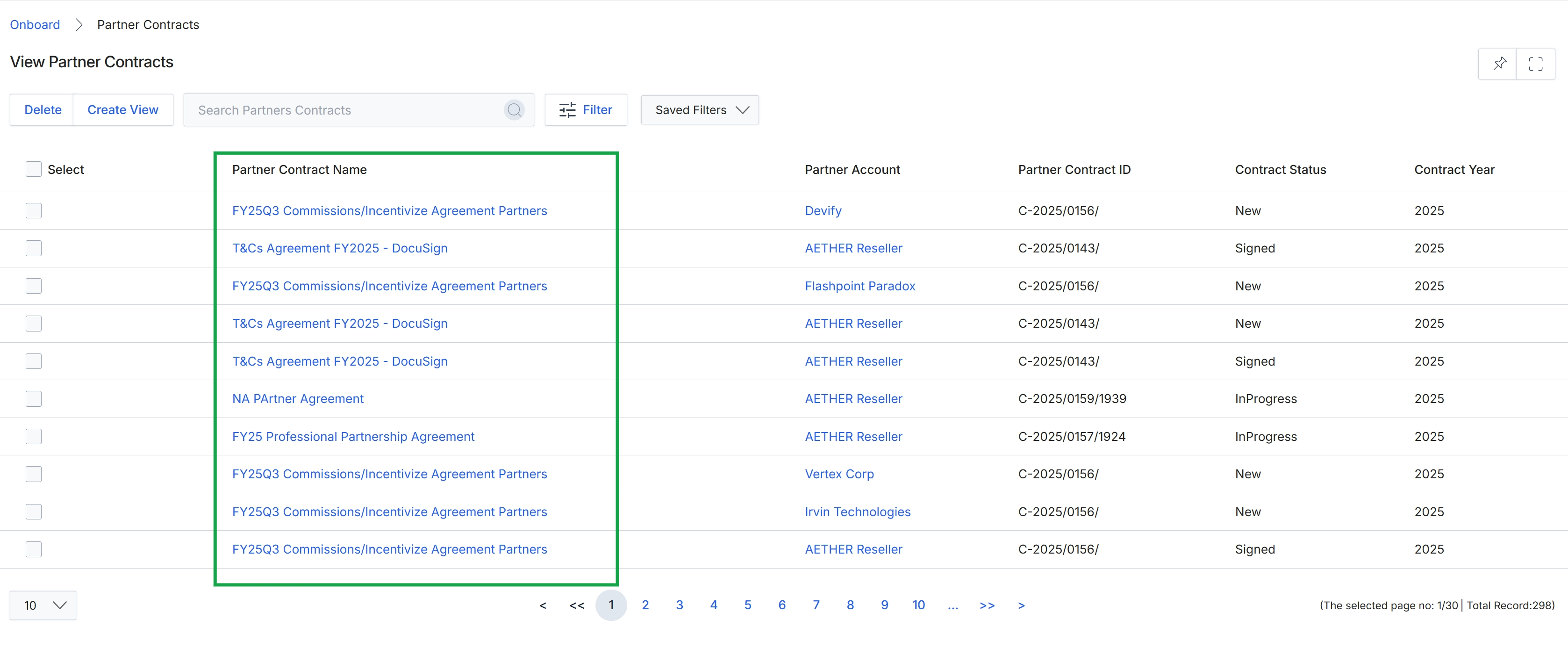 Partner Contracts list view
