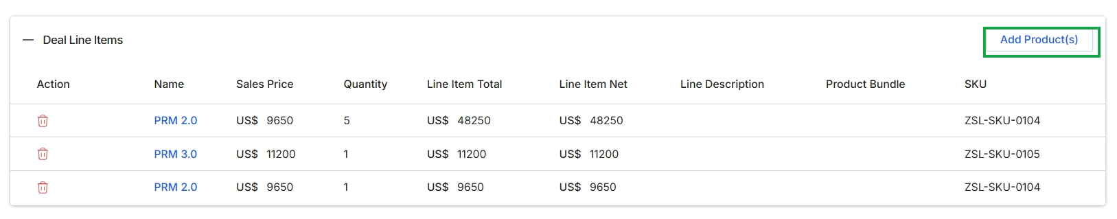 Deal Line Items section