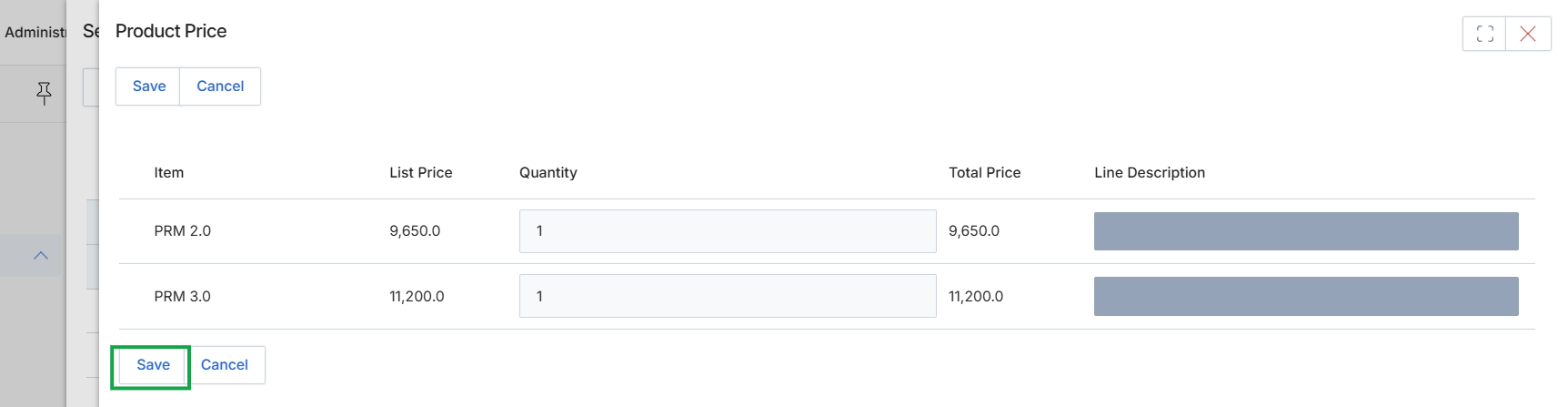 Product Price modal dialog