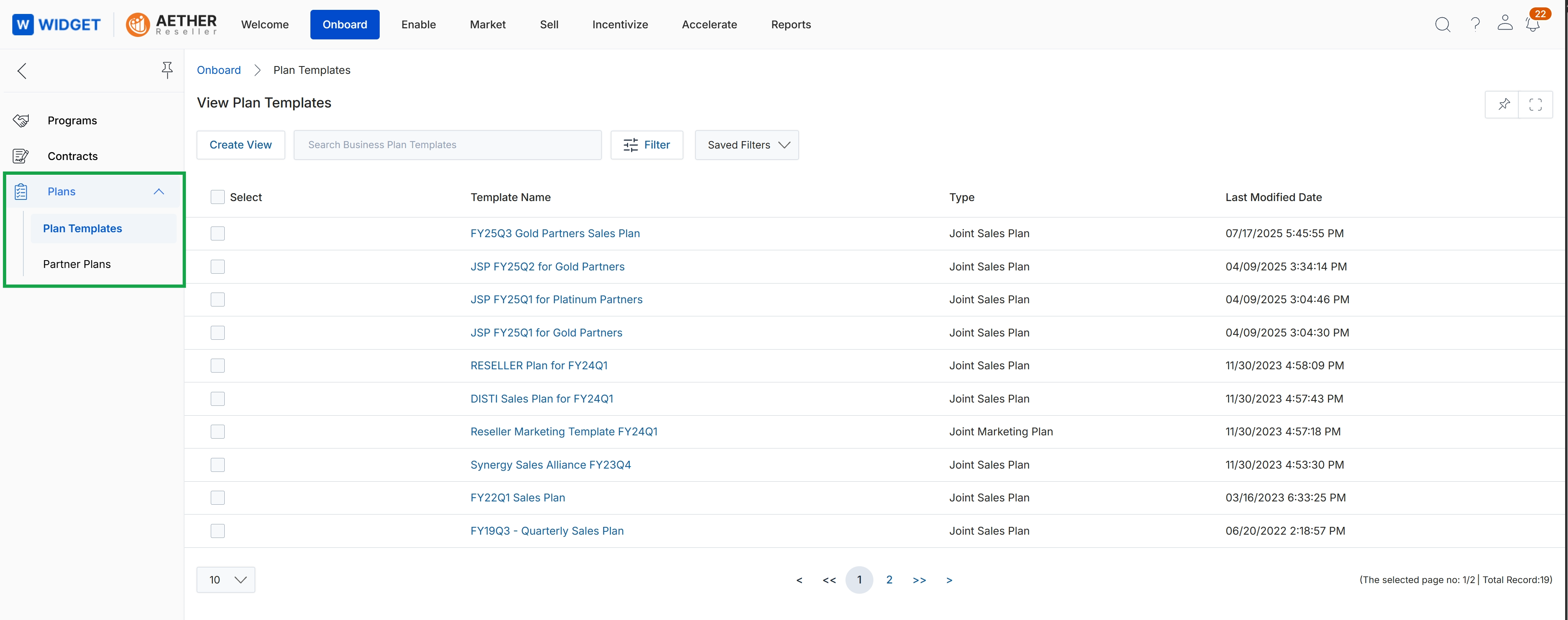 Plan Templates list view