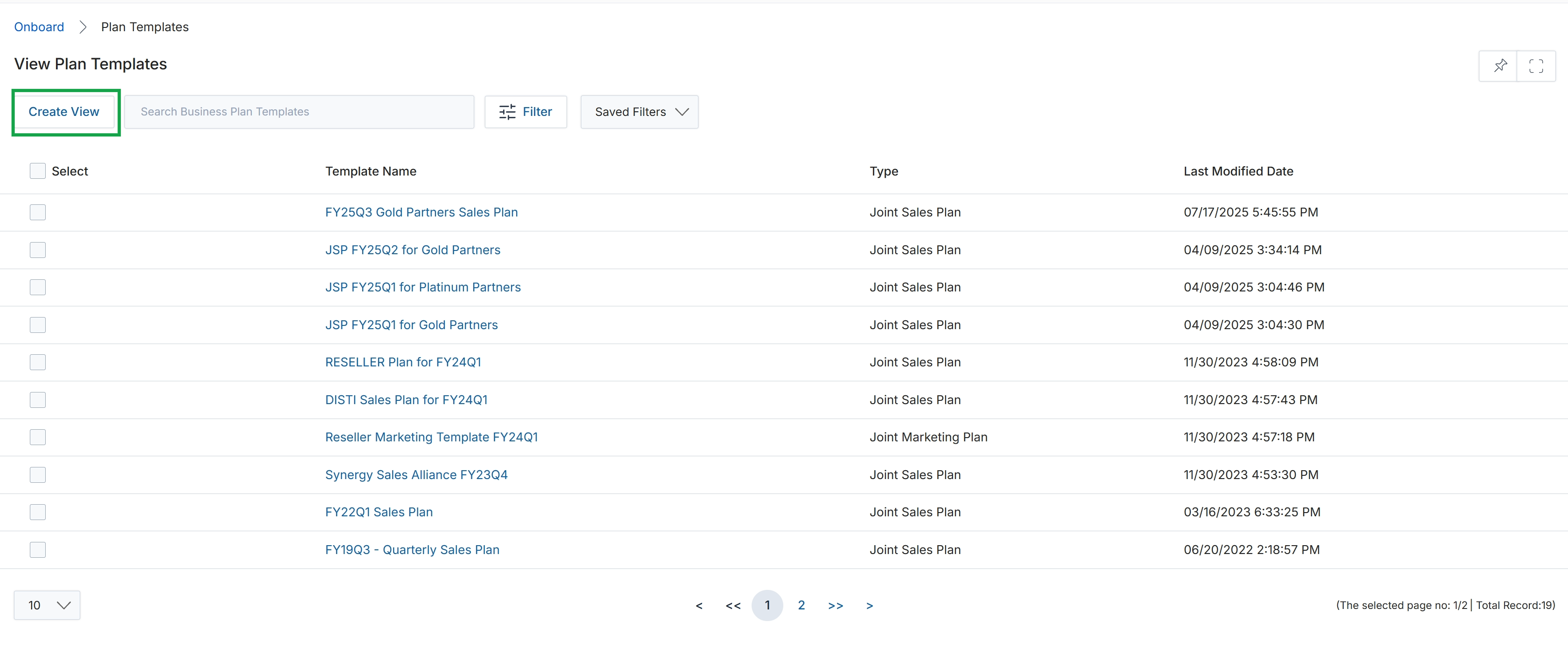 View Plan Templates page with collapsed navigation