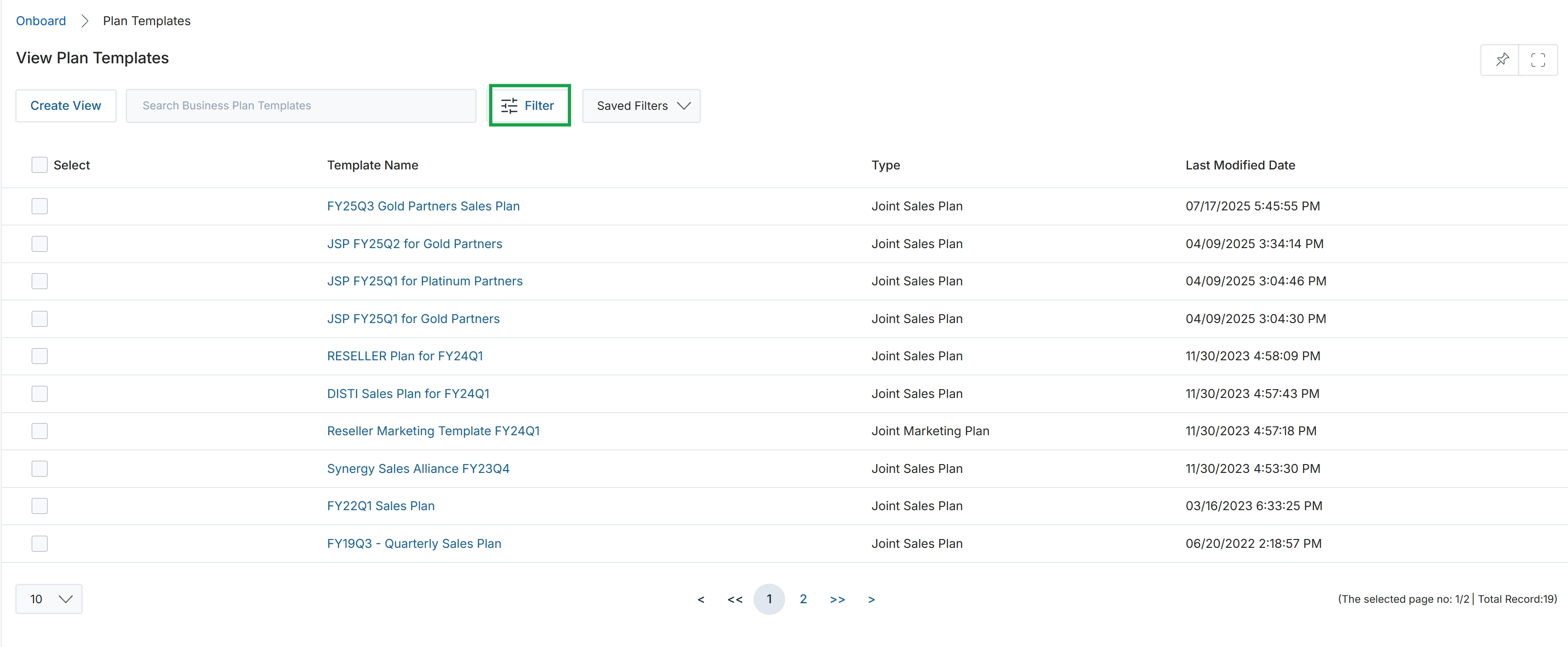 View Plan Templates list page