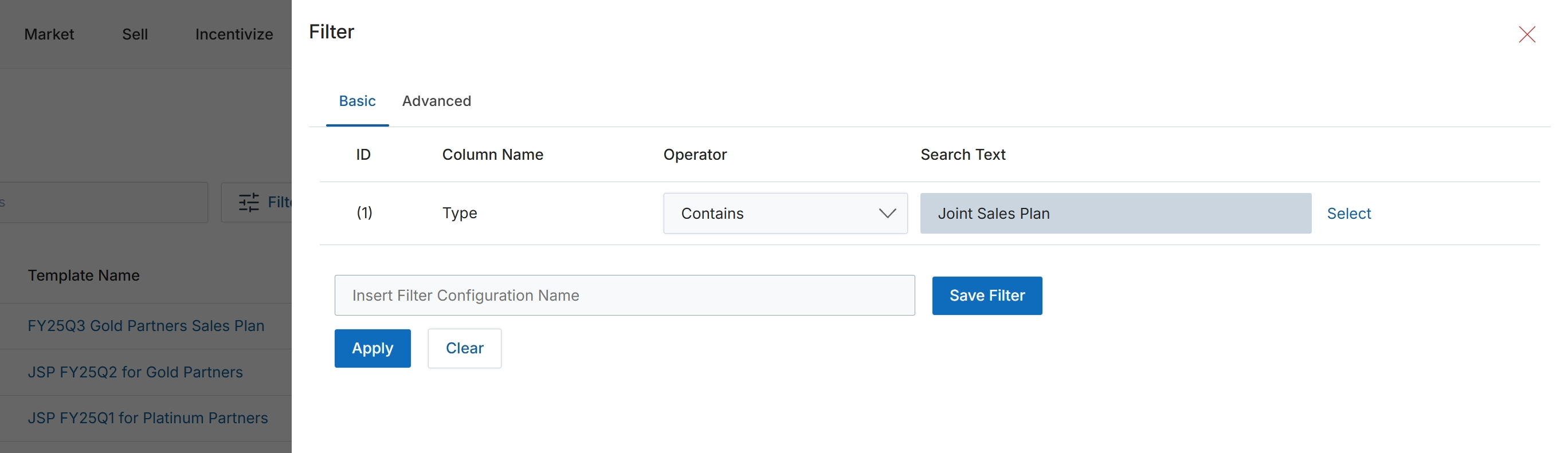 Filter dialog for plan templates