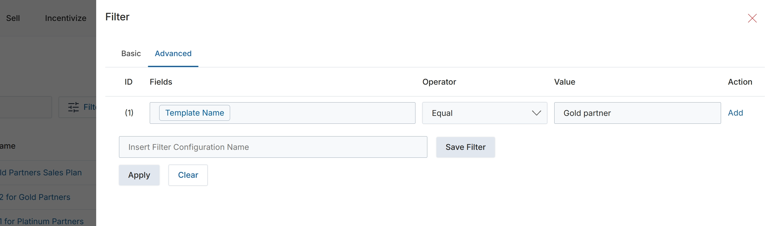 Advanced Filter Configuration dialog