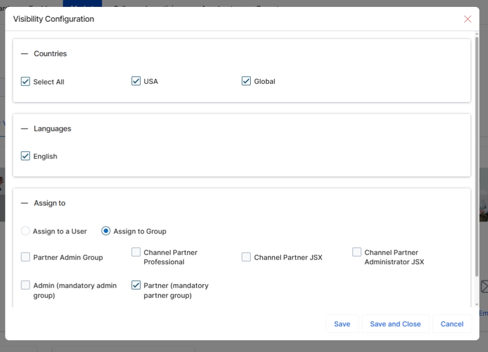 The Visibility Configuration dialog allows vendors to control which partners can access and utilize a specific email template within the Market module. This granular control ensures that marketing assets are distributed appropriately based on geographic regions, language preferences, and partner group assignments. By defining these visibility rules, vendors can tailor the partner experience, ensuring partners only see relevant campaign materials, which is crucial for maintaining brand consistency and optimizing campaign effectiveness across diverse partner ecosystems. This dialog supports multi-country and multi-language deployments, enabling targeted content delivery.