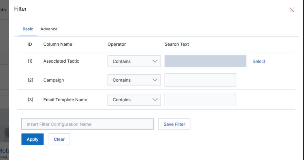 This screen displays the Basic Filter configuration for Email Templates, allowing users to define criteria for narrowing down the list of templates. Email templates are reusable, branded email designs that can be used by both vendors and partners for various marketing campaigns. The filter functionality helps users efficiently locate specific templates based on attributes such as associated tactics, campaign names, or the template's own name. This is crucial for managing a potentially large library of email templates, ensuring that users can quickly find and utilize the correct assets for their marketing activities within the Market module.
