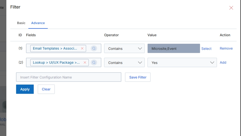 The Filter dialog provides options to refine the display of email templates based on various criteria. This advanced view allows users to construct complex filter queries by combining multiple conditions using logical operators. This capability is crucial for efficiently managing a large library of email templates, enabling users to quickly locate specific templates for campaigns, review their status, or perform bulk actions. The advanced filter supports granular control over which templates are displayed, facilitating targeted marketing efforts and ensuring that partners can easily find and utilize relevant co-marketing assets.