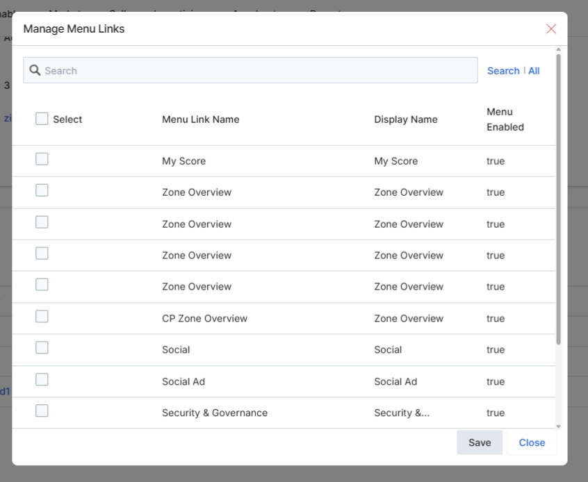 Manage Menu Links modal