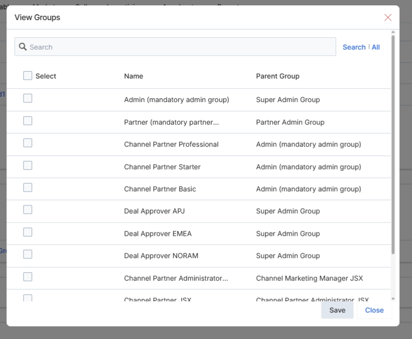 View Groups selection pop-up