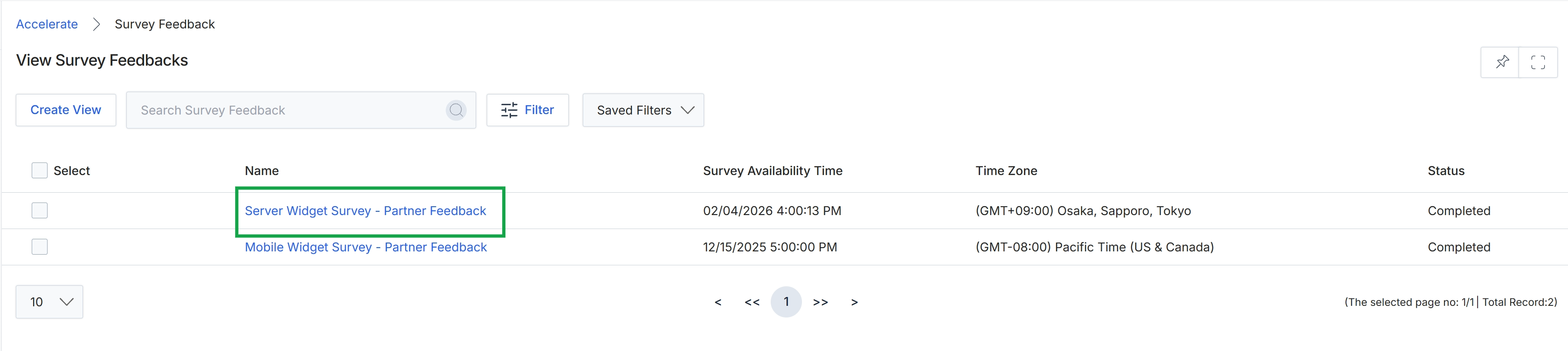 View Survey Feedbacks list