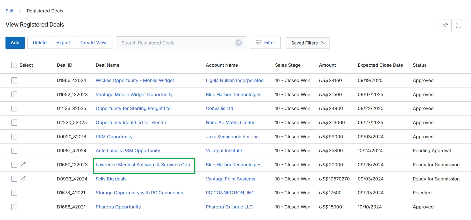 Registered Deals list view