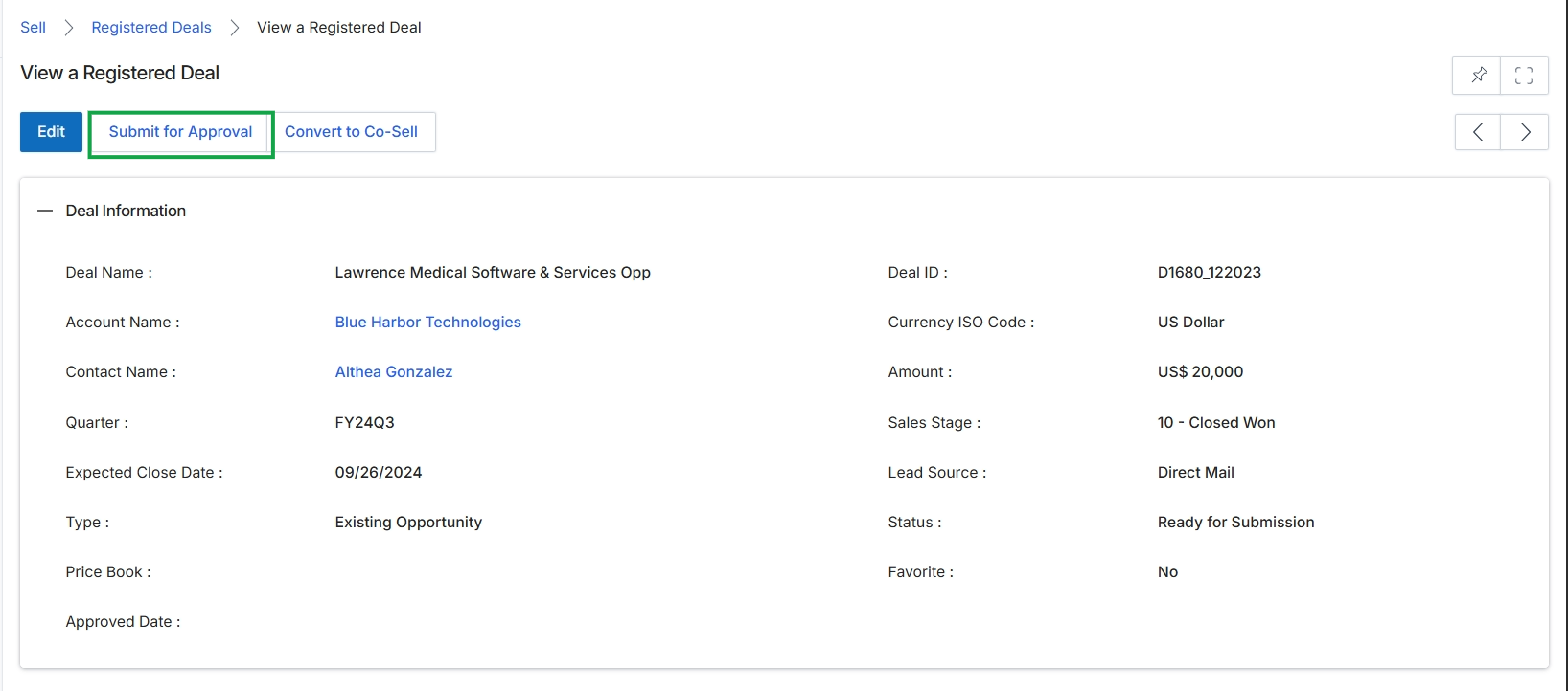 View a Registered Deal page