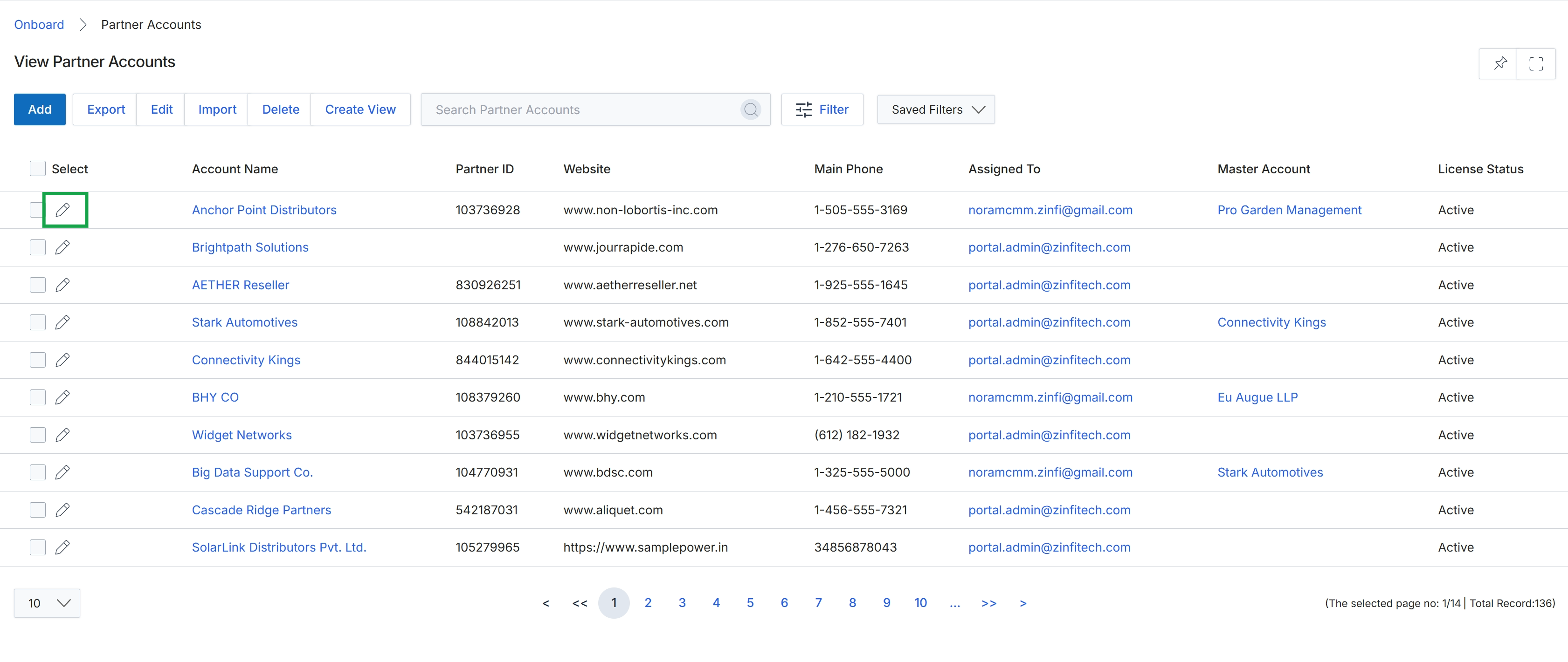 Partner Accounts list view