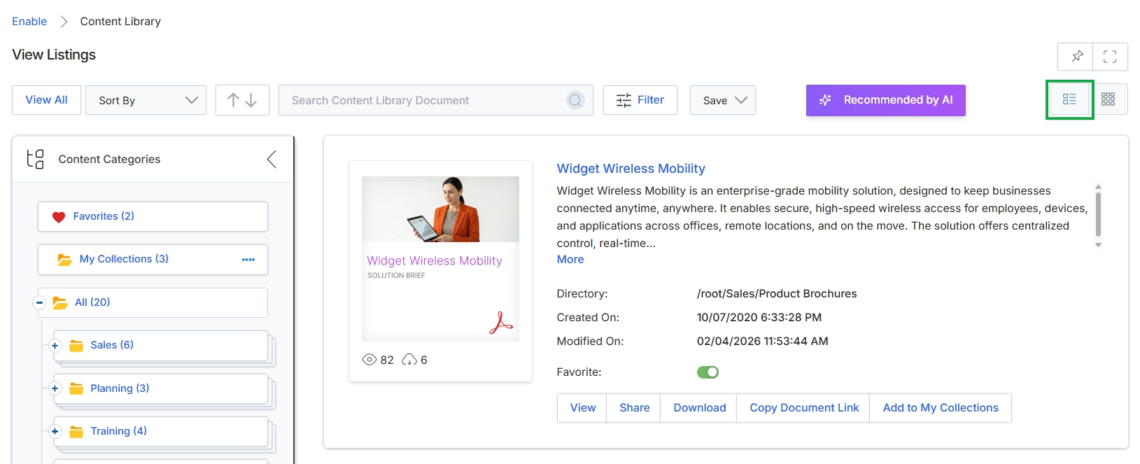 Content Library with grid view selected