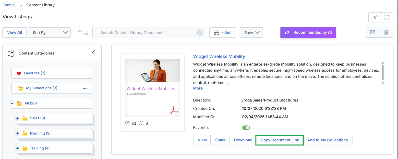 View Listings page with document link copy option