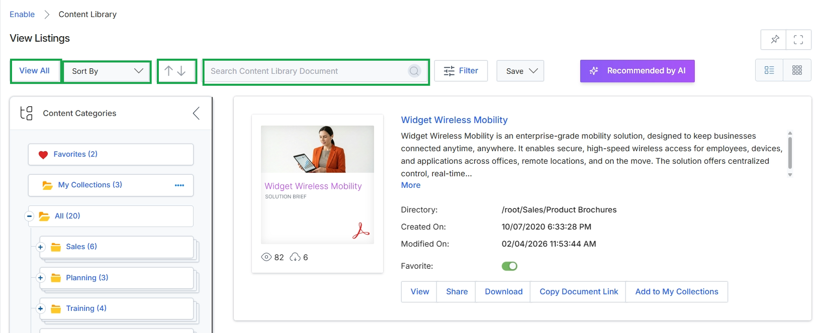 Content Library with list view selected