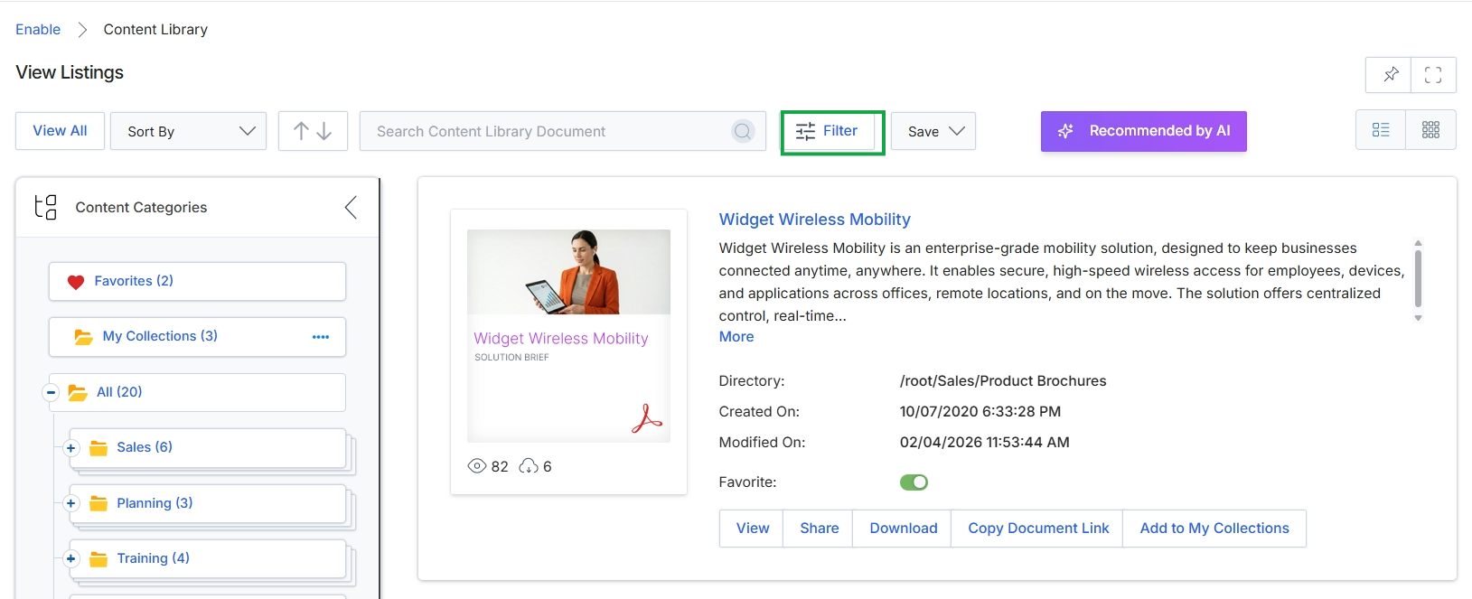 Content Library View Listings page