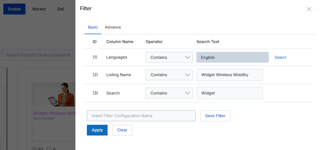 Content Library Filter dialog